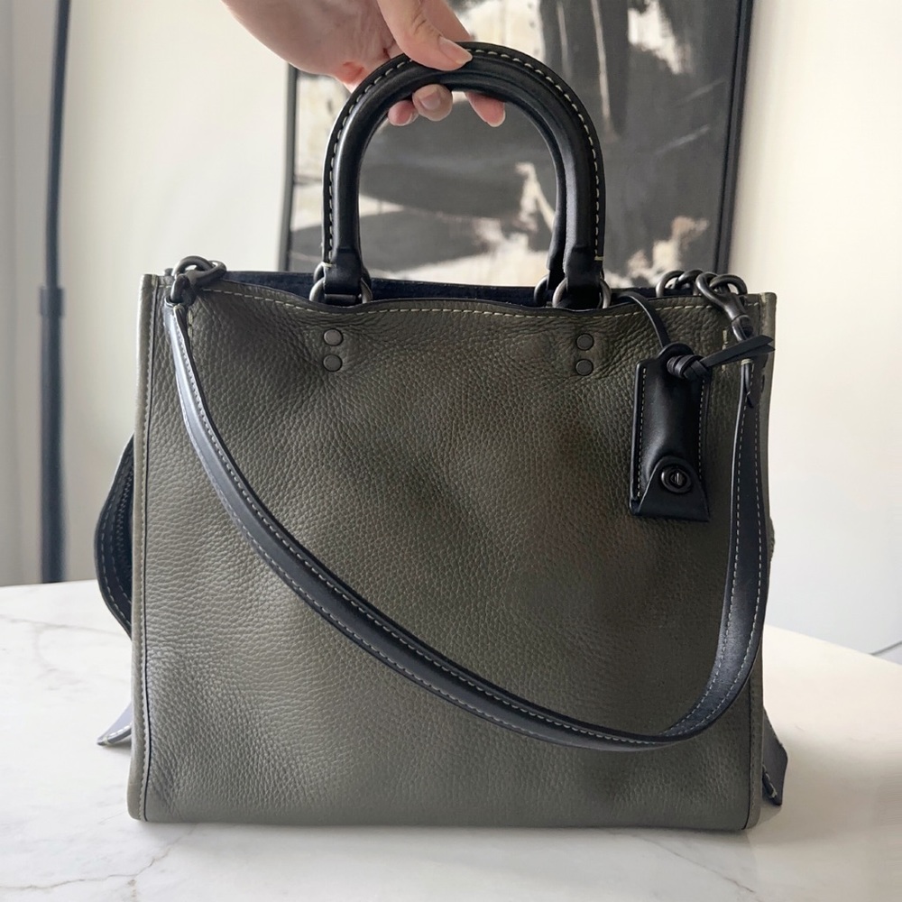 Rogue Coach bag pebble leather black olive green top handle, shoulder cross body